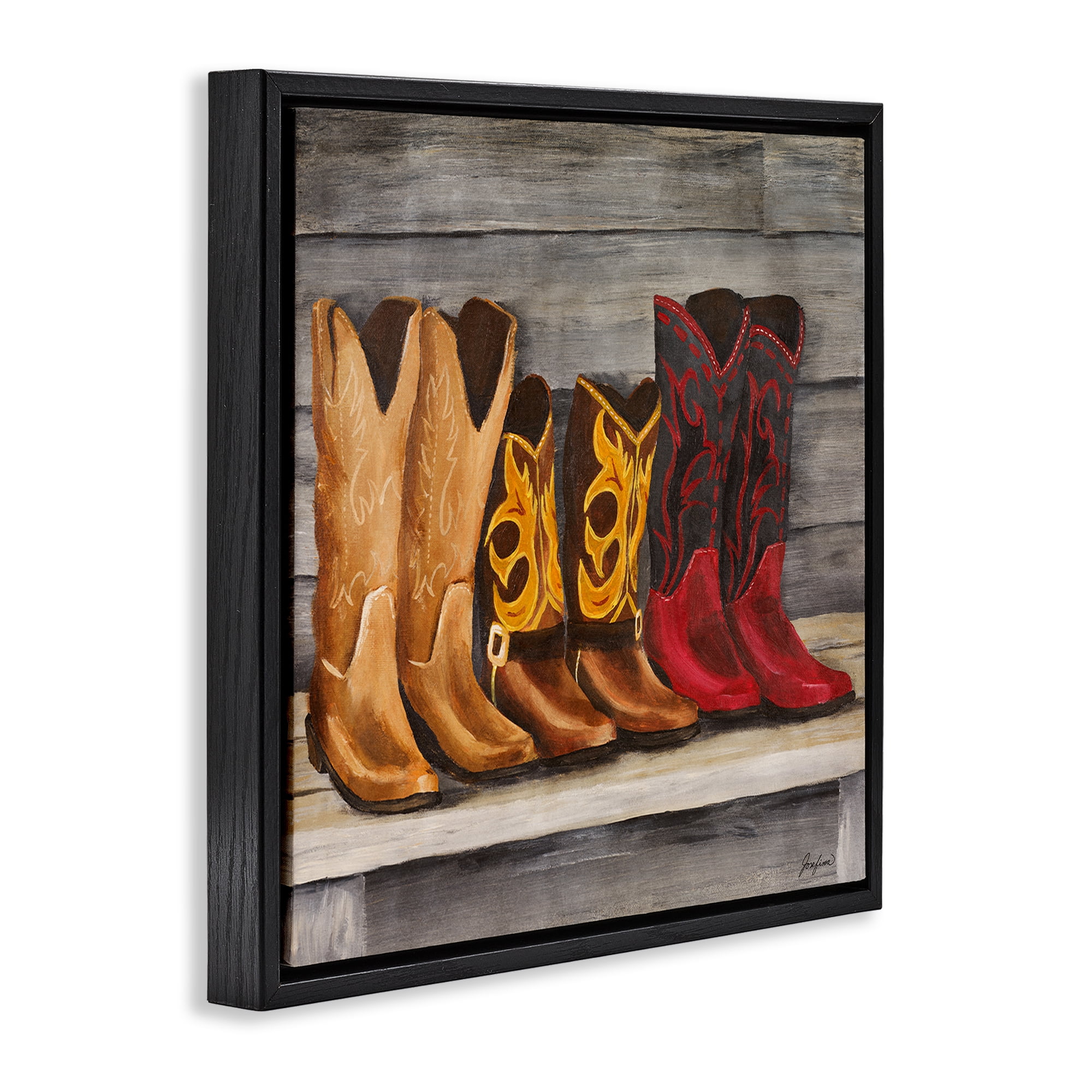 Stupell Industries Lined Up Cowboy Boots Entertainment Painting Black Floater Framed Canvas Art Print Wall Art, 18 x 18