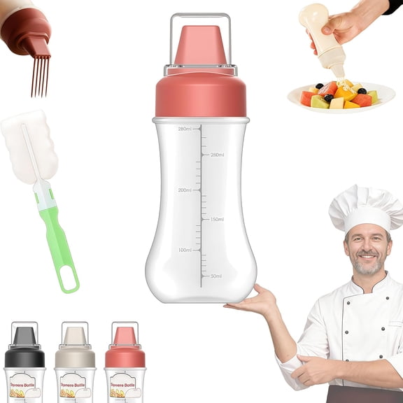 Condiment Squeeze Spray Bottle, 350ml/11.8 Oz, Measurable, Dust-Proof Cover, Removable Labels, 5-Hole Condiment Squeeze Spray Bottle for BBQ Cooking Oil Ketchup Syrup Salad Dressing (Red)