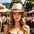 thumbnail image 4 of XIAOCHA Womens Ribbon‑Feather Fedora Hat Solid Wide‑Brim Hat Outdoor Festival Hat,Beige, 4 of 4