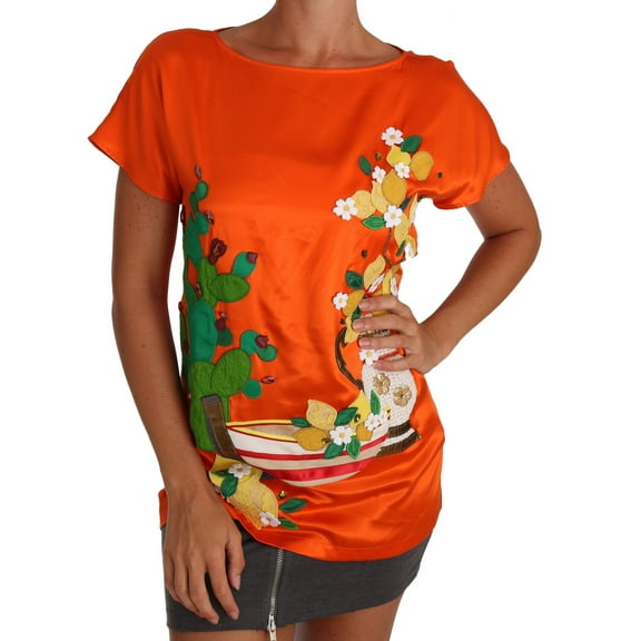 Dolce  Gabbana Silk Orange Lemon Crystal T-shirt Top