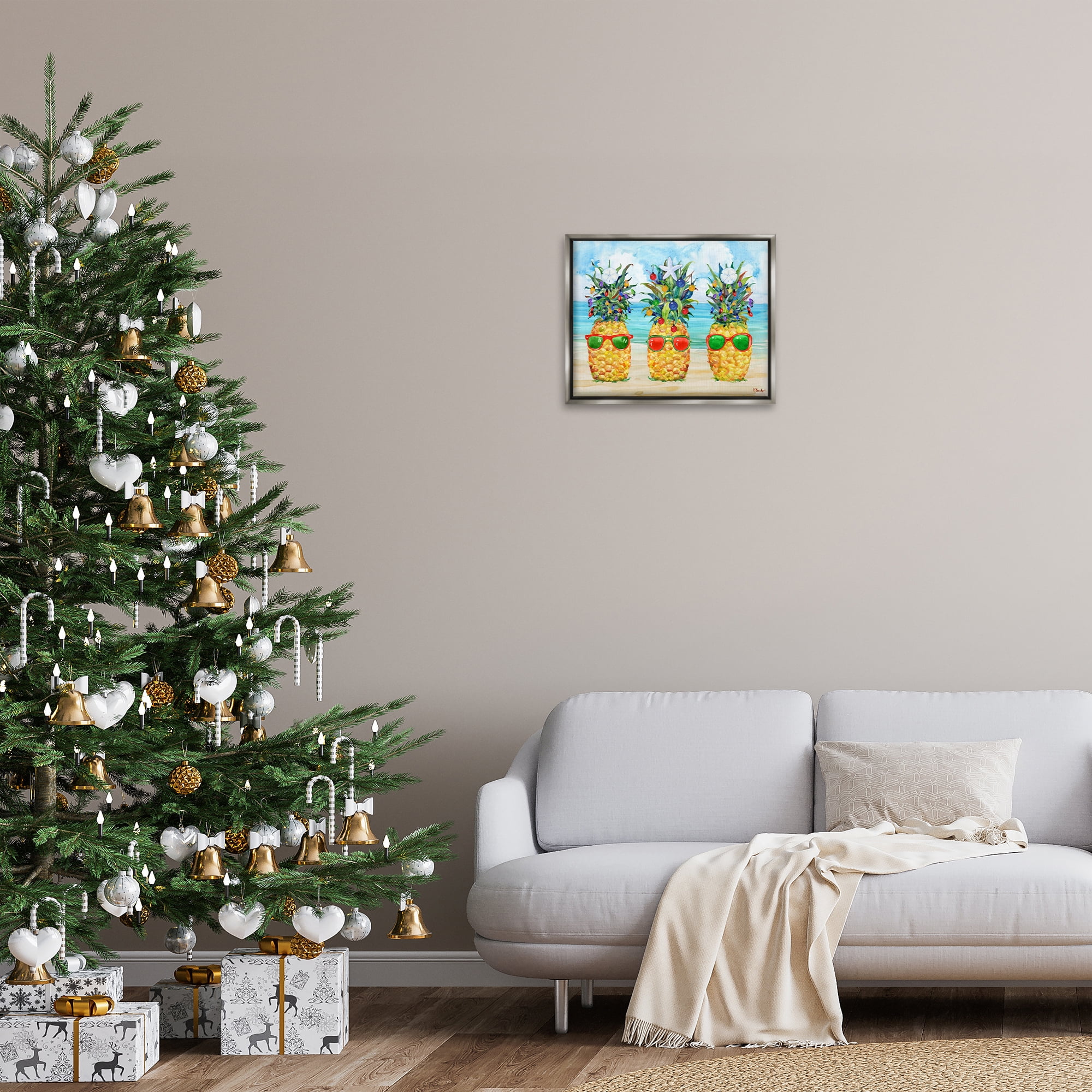 Stupell Industries Christmas Themed Pineapples Holiday Painting Gray Floater Framed Art Print Wall Art, 21 x 17