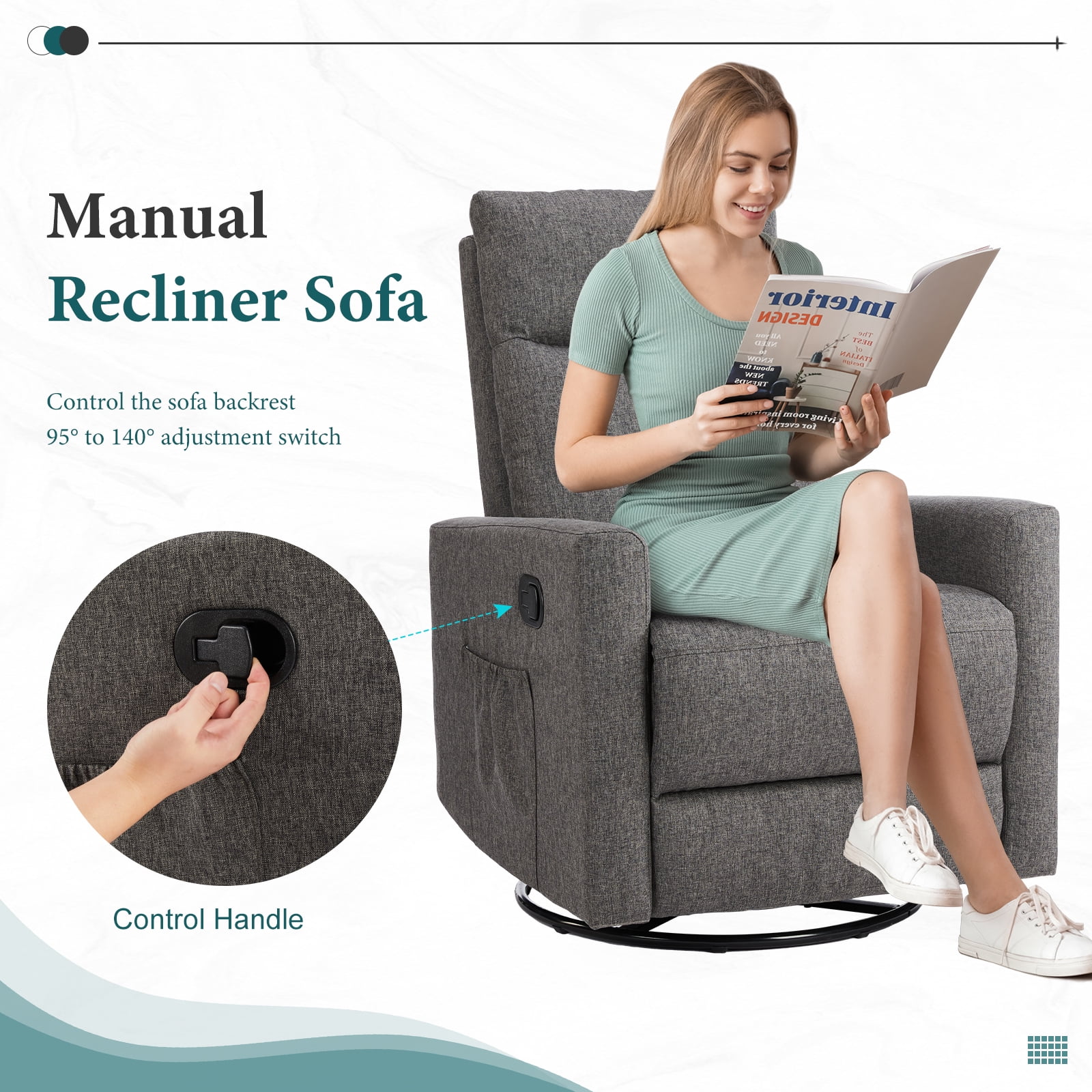 Gianna Adjustable Recliner Chair with Padded Seat, Modern Design for Living Room, Bedroom, Grey