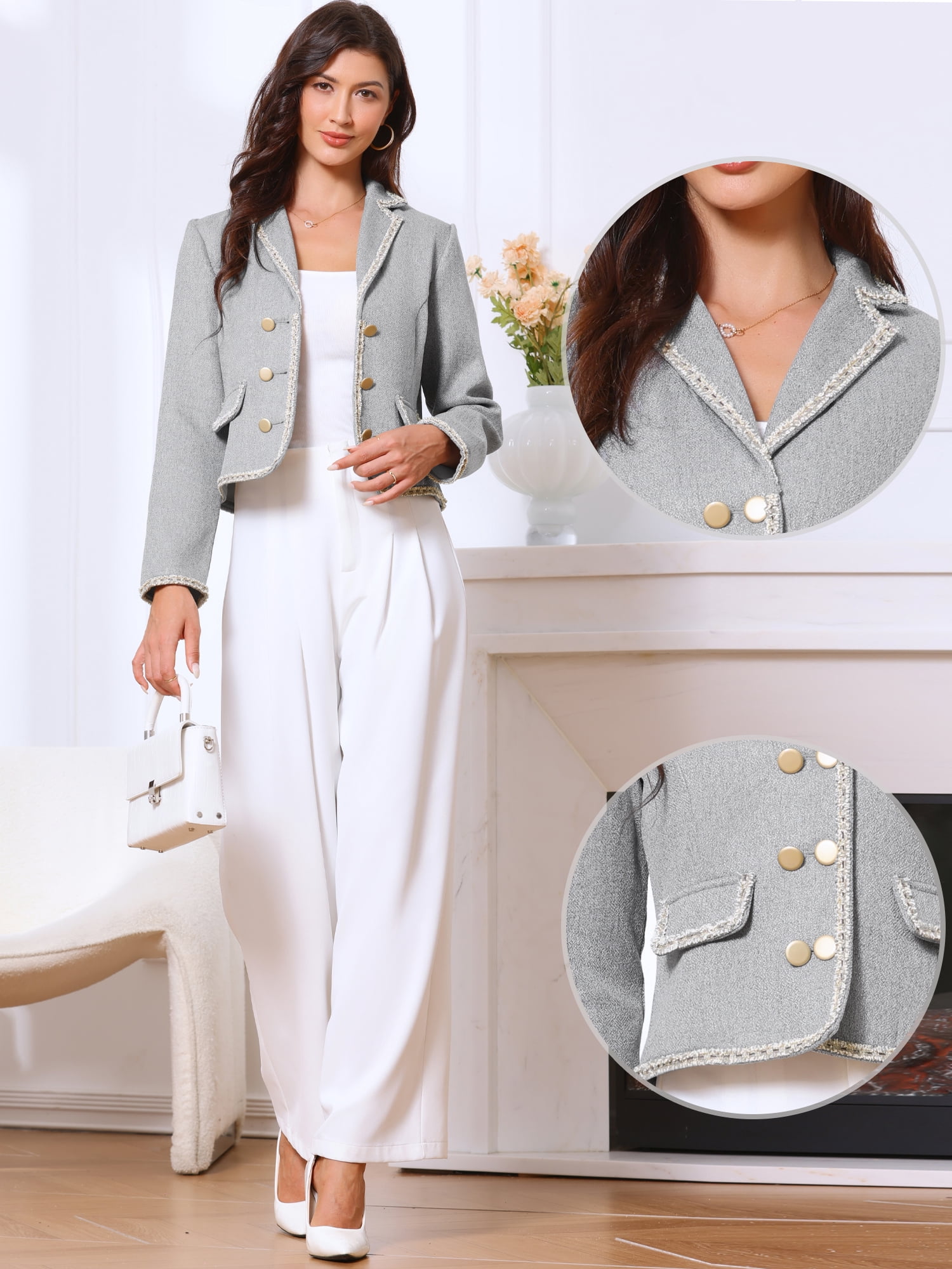 DARING DIVA Women's Vintage Notched Lapel Long Sleeve Cropped Blazer M Gray