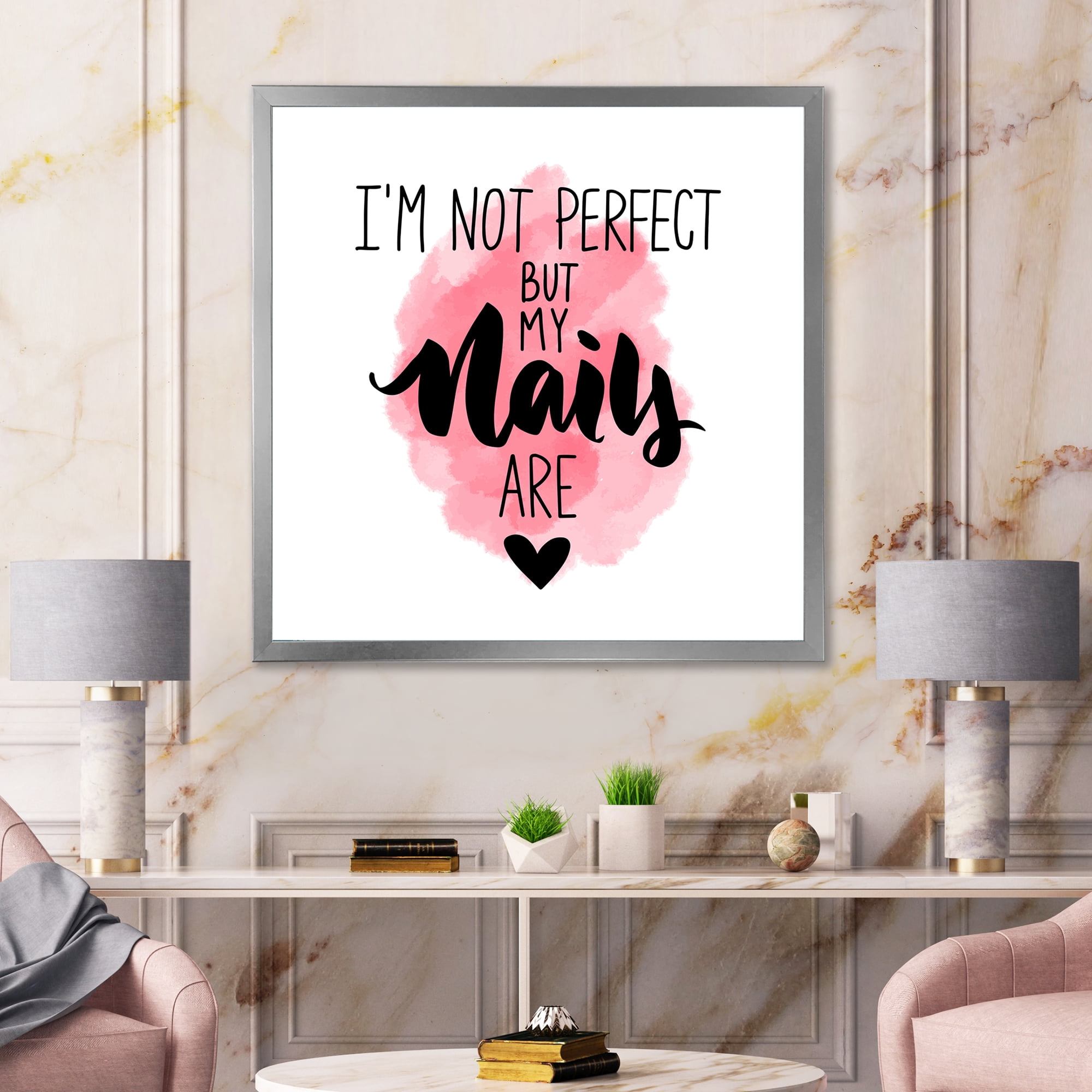 Designart 'I Am Not Perfect But My Nails Are on Pink Background' Modern Framed Art Print