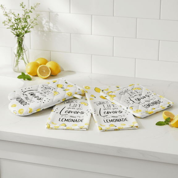 Serafina Home Life's Lemons 4-Piece Kitchen Linen Set: Colorful Printed Lemons on Flat Cotton Weave