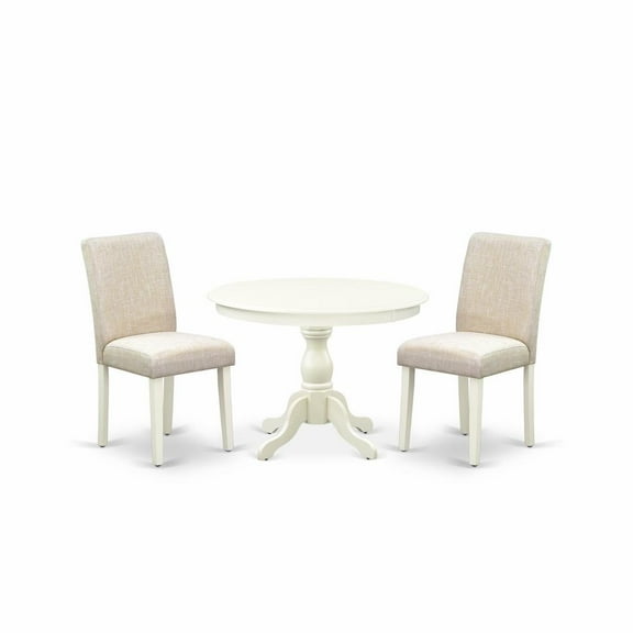 East West Furniture HBAB3-LWH-02 3 Piece Dining Table Set - Linen White Round Dining Table and 2 Light Beige Linen Fabric Comfortable Chairs with High Back - Linen White Finish