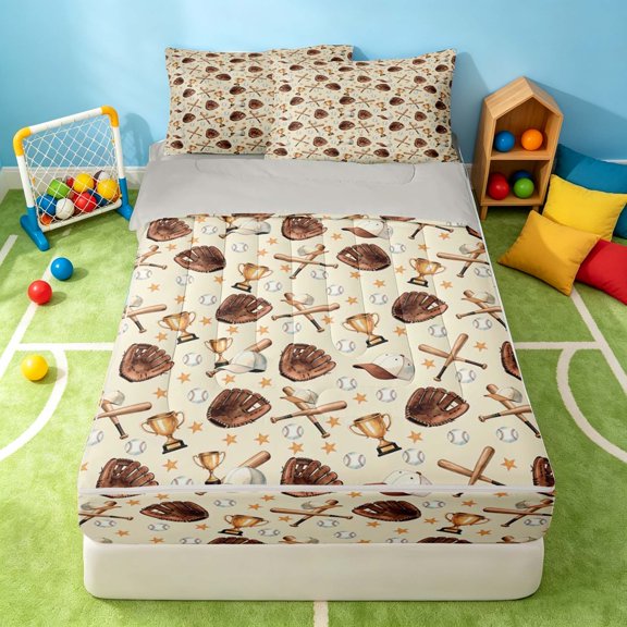 Manfei Sports Baseball Zipper Twin Comforter Sets with Fitted Sheet and 2 Pillowcases, Zipper Bedding Set, Beige Brown Gold