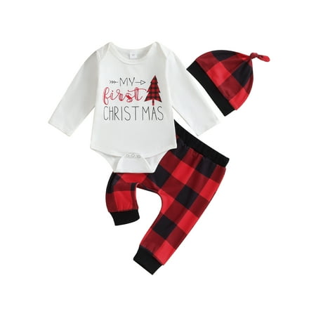 

RSRZRCJ Newborn Baby Christmas Outfits Long Sleeve Romper + Plaid Print Pants + Hat Set Infant Clothes