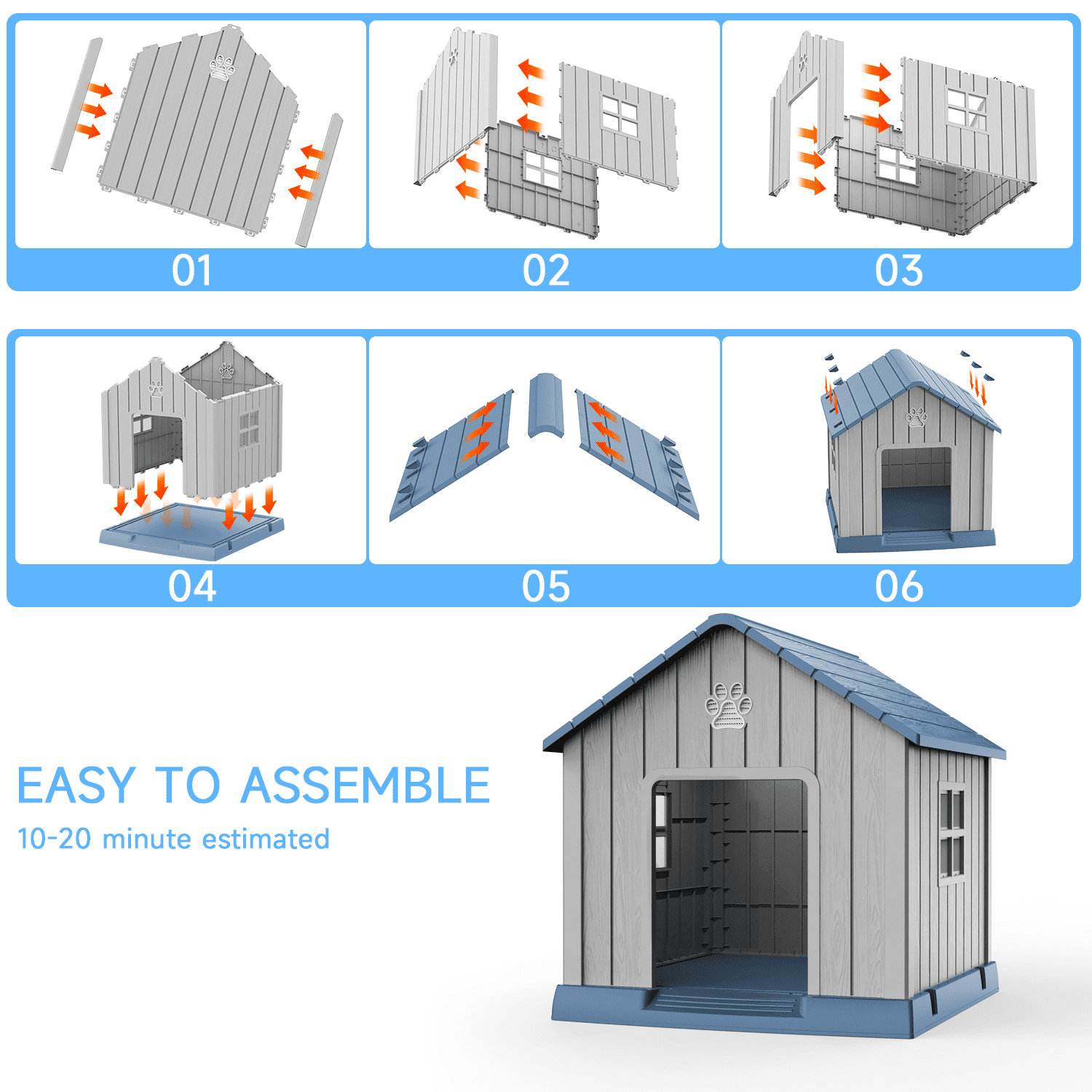fazzn Durable Waterproof Resin Dog House for Small to Large Sized Dogs, Indoor Outdoor Doghouse Puppy Shelter with Elevated Floor, Easy to Assemble .Blue/Brown
