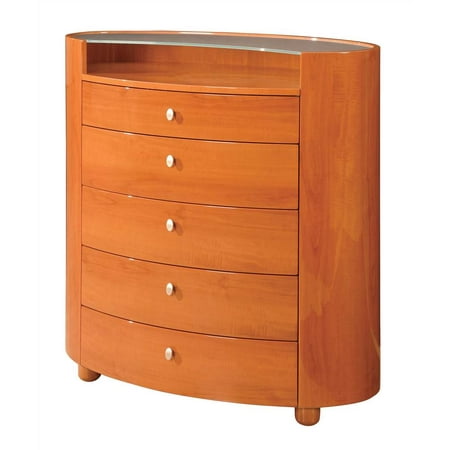 Emily Cherry Finish Oval Chest W 5 Drawers Glass Shelf Top