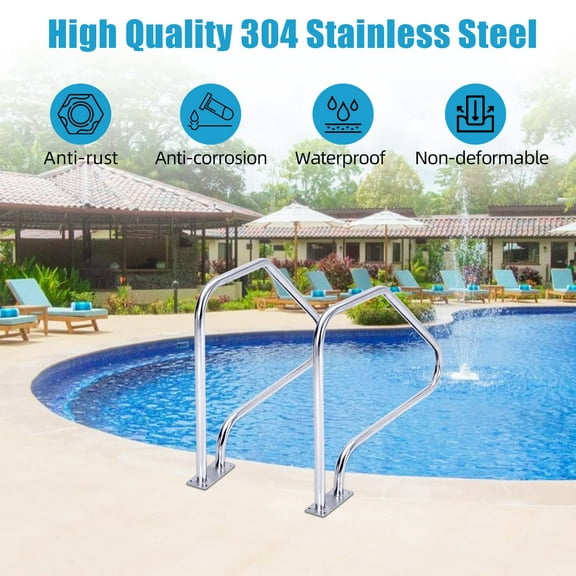 TROPOW Pool Rail 49.5"x 34", 304 Stainless Steel 370LBS Load Capacity Silver Rustproof Pool Handrail for Swimming Pool with Blue Grip Cover & Accessories