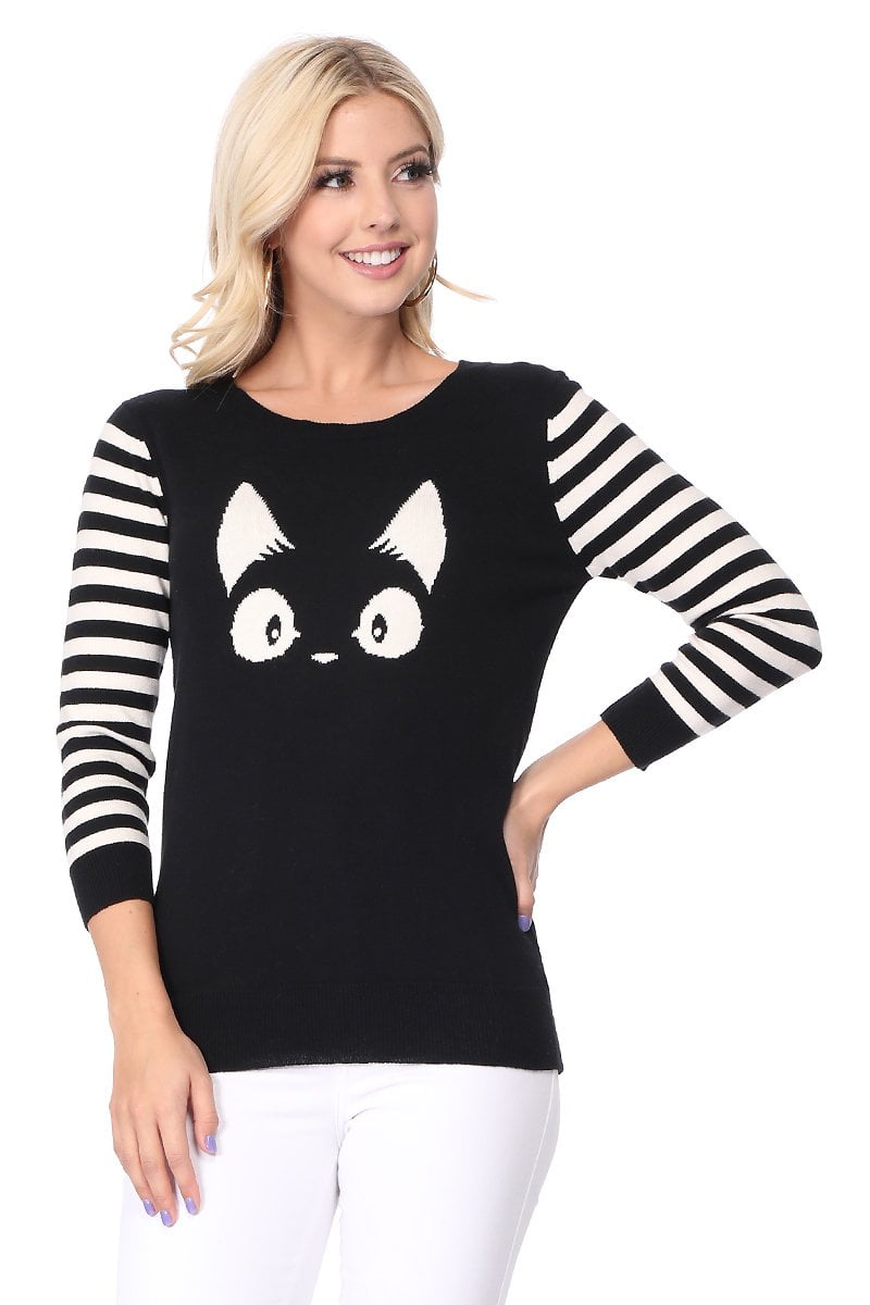 YEMAK Women's Kitty Cat Face 3/4 Sleeve Crewneck Casual Pullover Sweater MK3375-BLACK-L