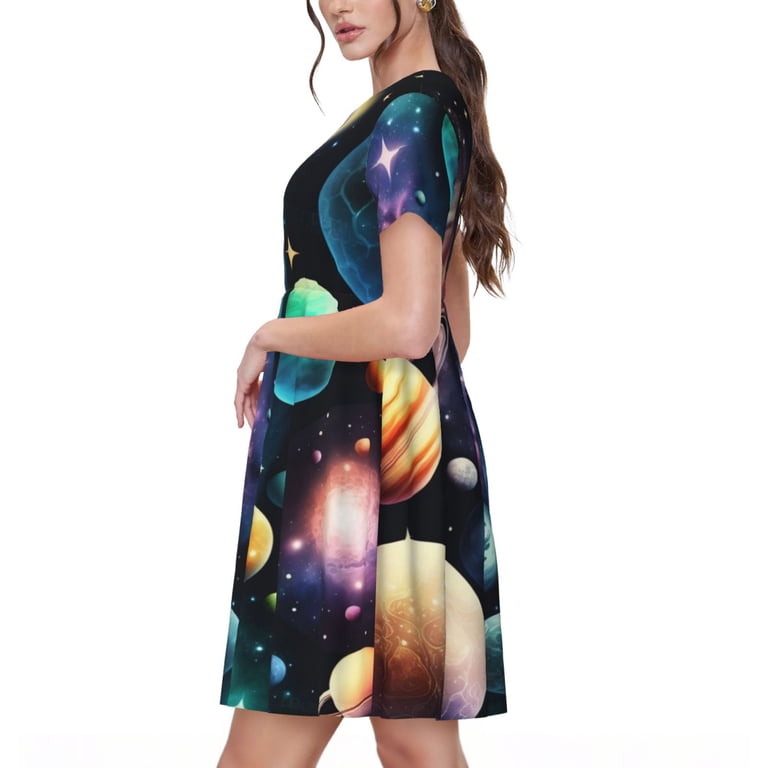 casual galaxy dress Space Galaxy T-shirt Dress, Women Blue Celestial Constellation Outer Universe Star Print Festival Night Sky Casual Summer Cover Up Tee Shirt M
