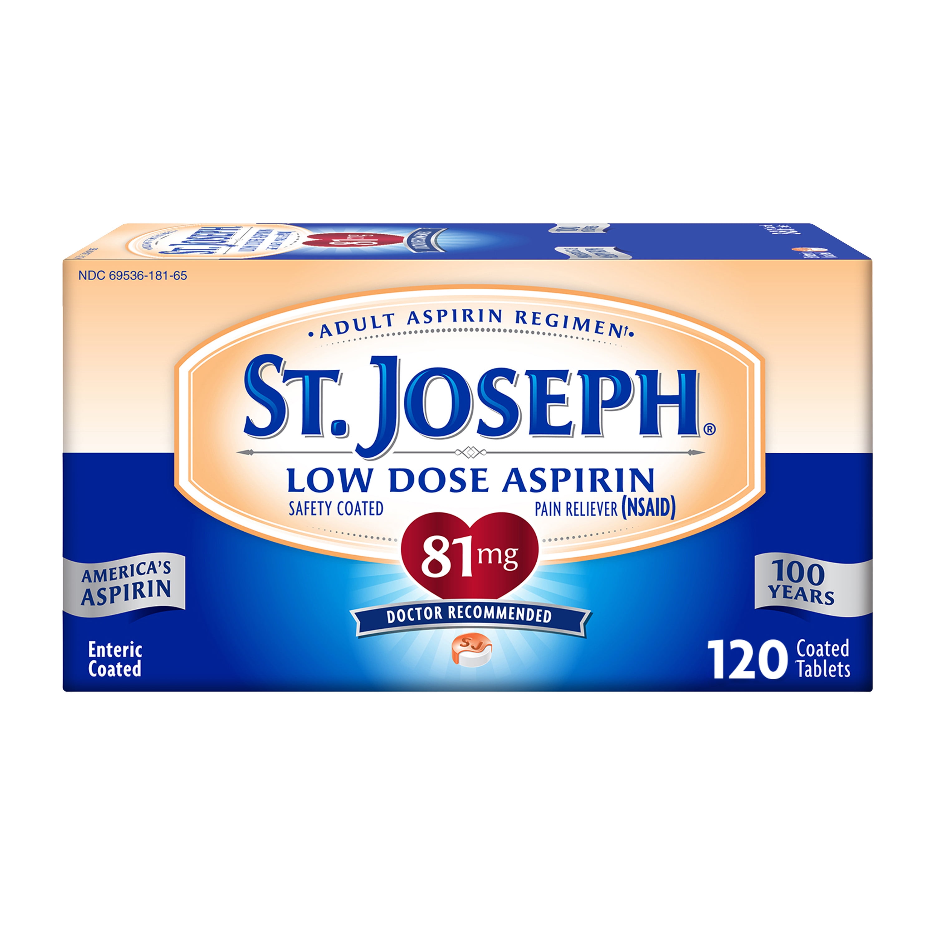 St. Joseph Aspirin Pain Reliever (NSAID) 81mg, Enteric Safety Coated, Adult Low Dose Regimen, 120 ct.