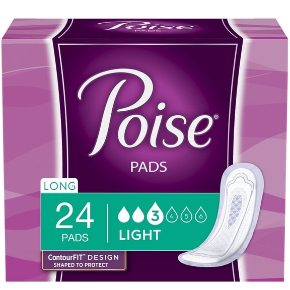 Poise Incontinence Pads for Women, 3 Drop Light Absorbency, Long Length, 24 Count
