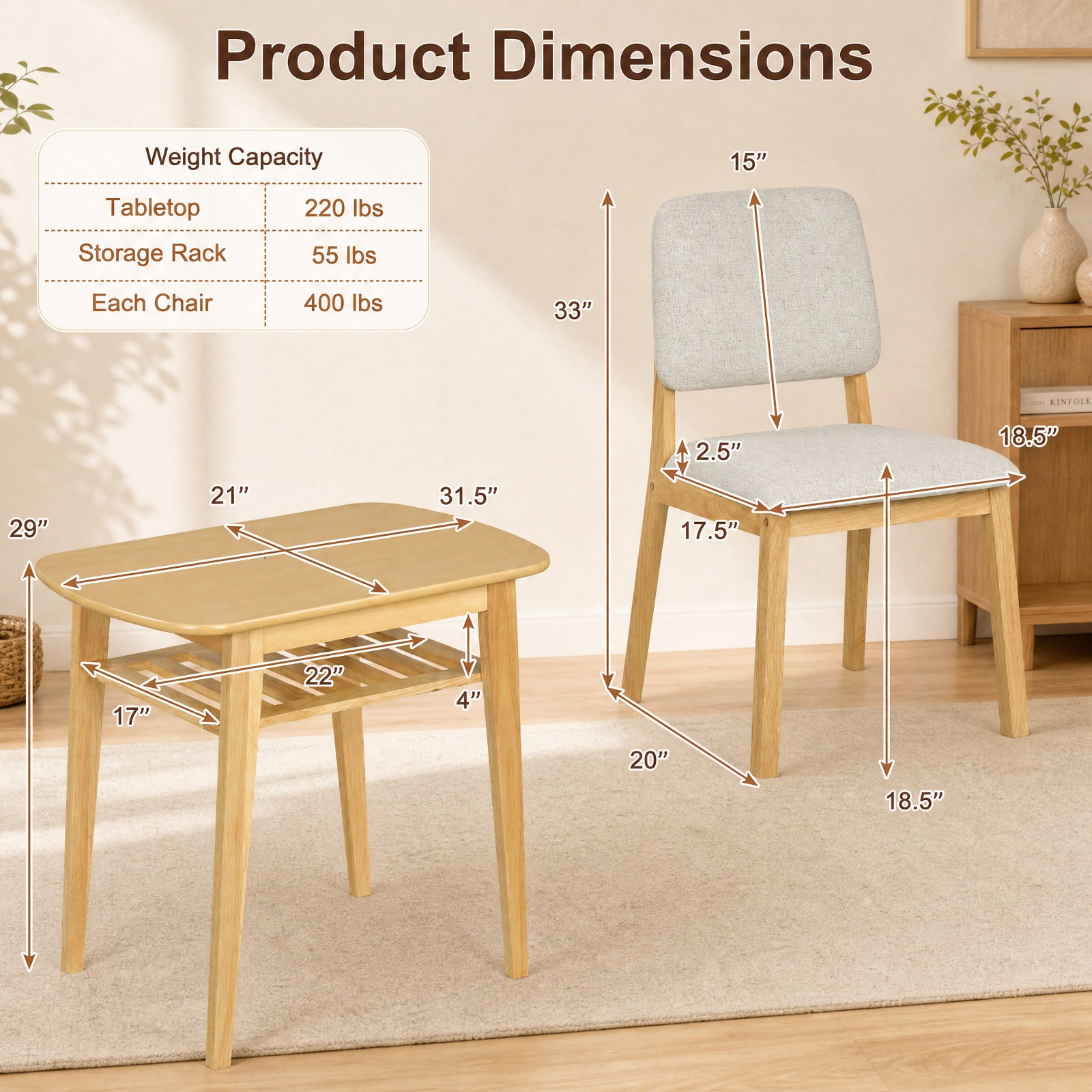 Furnibear 3 Piece Small Dining Table Set for 2 with Upholstered Chairs and Built in Storage Rack for Kitchen Breakfast Nook and Apartment, Natural