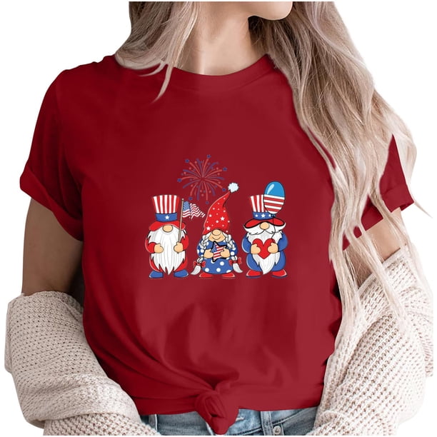 Camiseta de Cuello de la Tripulación de la Impresión Del Día de la Independencia de las Mujeres, Camiseta Casual Elegante para las Mujeres