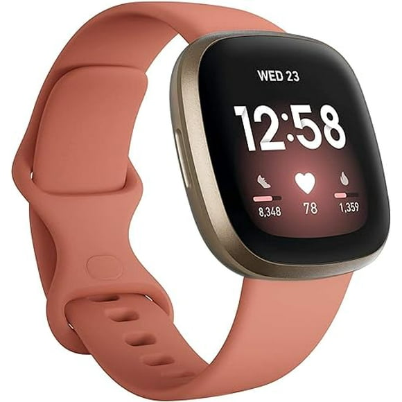 Fitbit Versa (3rd Gen) Smartwatch | Soft Gold aluminum Body with Pink Clay Band, one size (S & L bands included) | Open Box