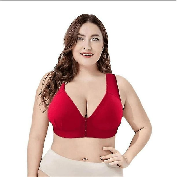 Plus Size Push Up Bra Front Closure Solid Color Brassiere Bra 36-46  Wireless Underwear for Women 44 Big Red 