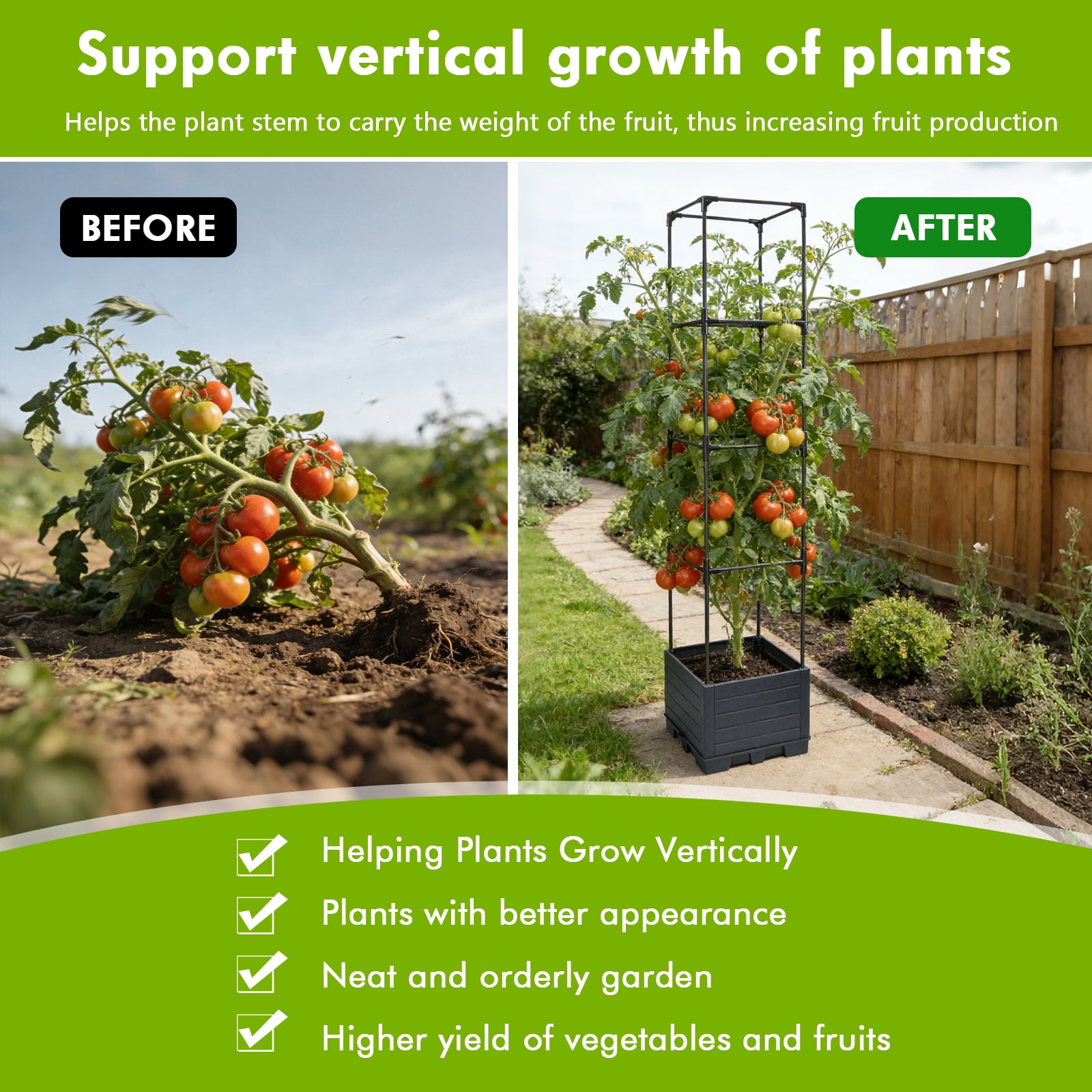 ROMUCHE 56” Tomato Planter with Trellis, Raised Garden Bed Planter Box with Trellis, Square Self Watering Tomato Cage for Climbing Plants Vegetables Vine Flowers Outdoor & Indoor