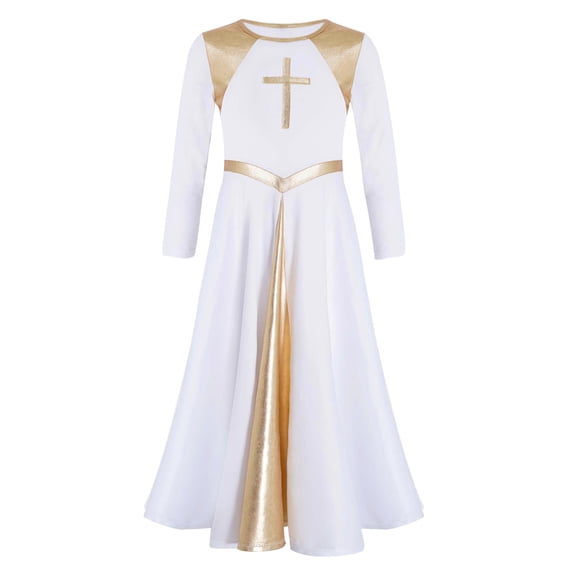 YIZYIF Kids Girls Bronzing Patchwork Praise Dance Liturgical Dress Long Sleeve Worship Dress White 6