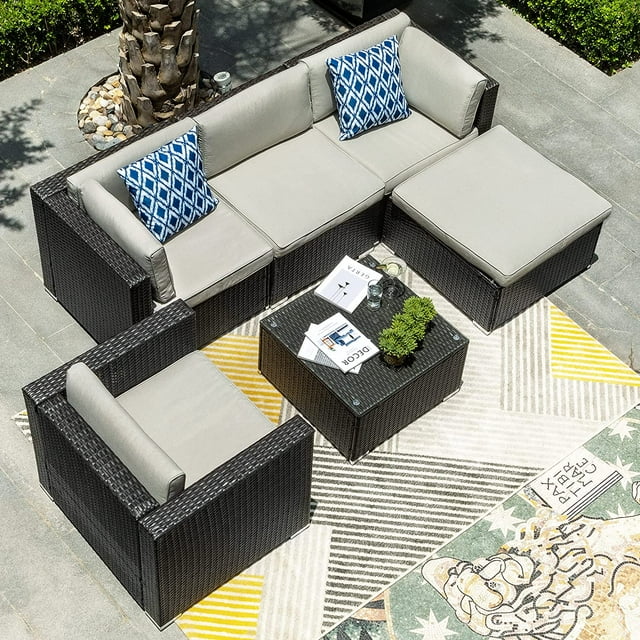 DWVO 6 Pieces Outdoor Patio Furniture Set Wicker Sectional Sofa PE
