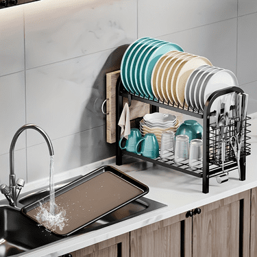 ​MAROAUO Dish Drying Rack 2-Tier Square with Utensil Holder and Drain Board, Sink Organizer, Kitchen Sink Dish Drainer, Black, 1pc, Standard Size​