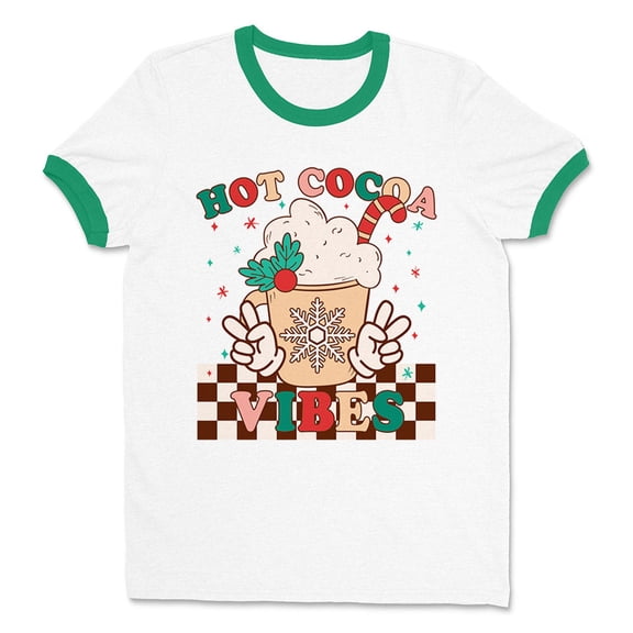 Hot Cocoa Vibes Ringer Tee Shirt Unisex 2X-Large White/Kelly Green