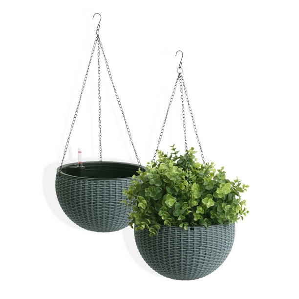 Algreen Wicker 10" Hanging Basket Planter, SelfWatering, Rattan Grey