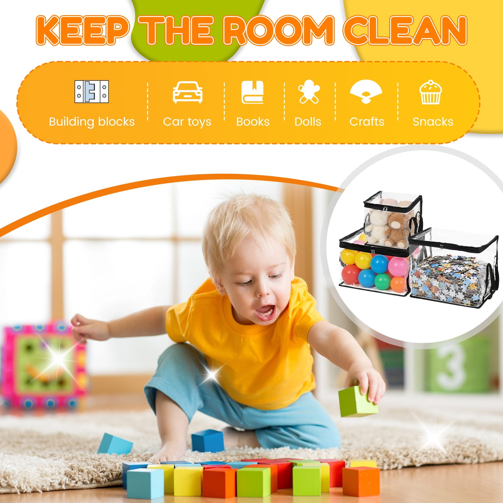 6Pcs Toy Storage Bag with Handle and Zipper Clear PVC Toy Organizer Bag Multipurpose for Doll Board Game Building Block