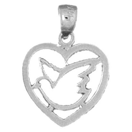 14K White Gold Heart With Bird Pendant - 20 mm