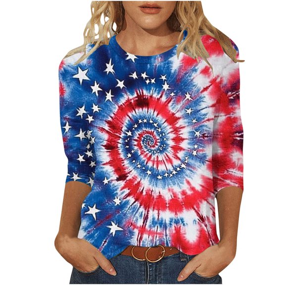 Aboser American Flag T Shirts for Women 3/4 Sleeve Tie Dye Graphic Tees Plus Size Summer Basic Shirt Funny Stars and Stripes Print Tops Going Out Casual Tshirts