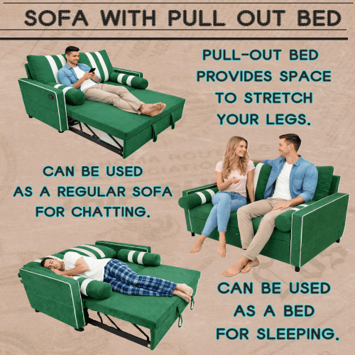 68.5 Inch Green 2-Seater Pull Out Sleeper Sofa Bed with USB Charging Port, 3-Position Adjustable Backrest Convertible Loveseat for Living Room, Guest Room, Apartment