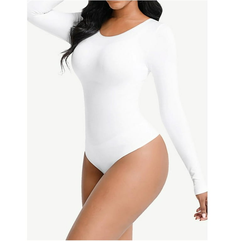 Long Sleeve Seamless Thong Bodysuit Women Leotard Tops Slim Corset  Shapewear WHITE M/L