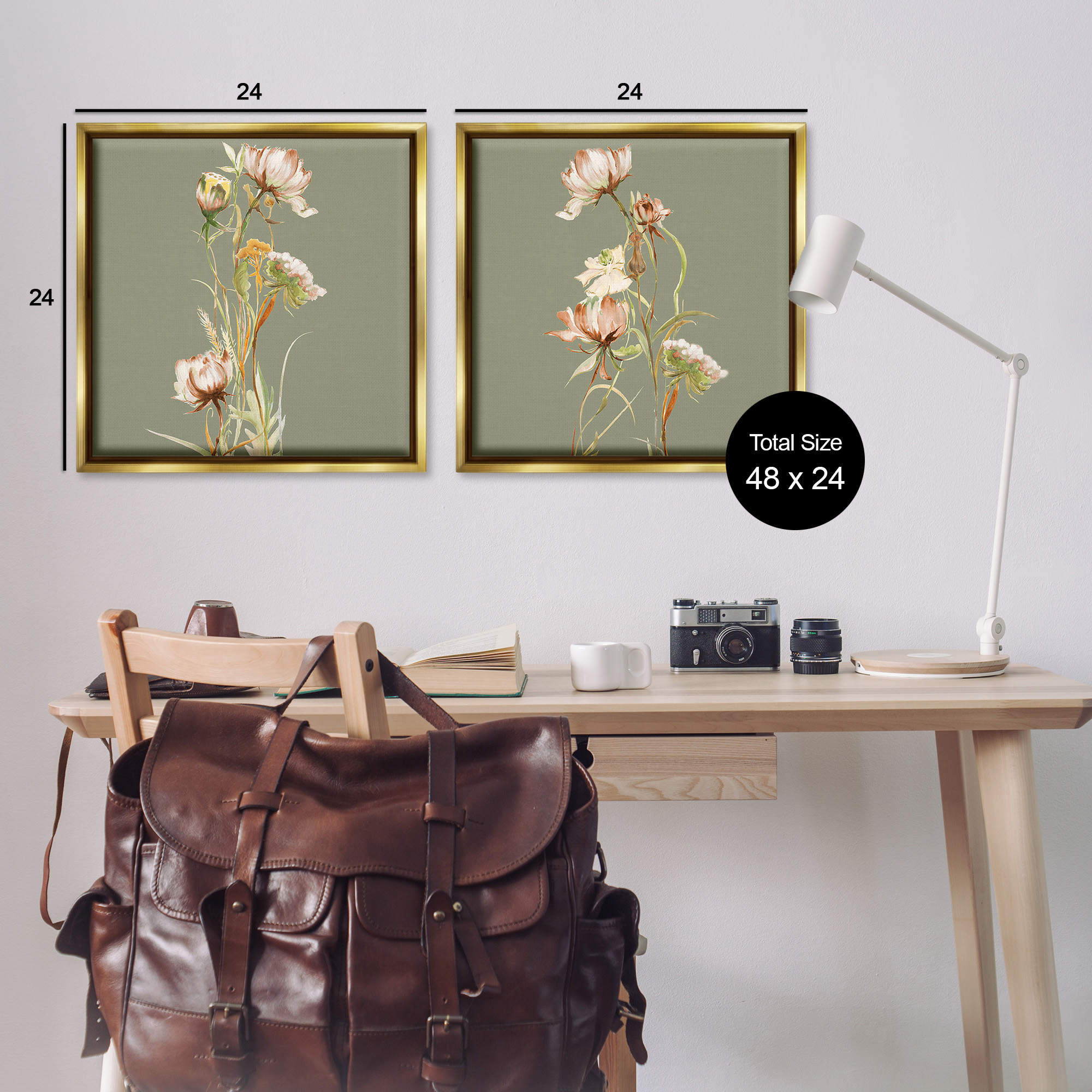 Stupell Industries Classic Blooms on Green Botanical & Floral Painting Gold Floater Framed Canvas Art Print Wall Art, 25 x 25, Set of 2