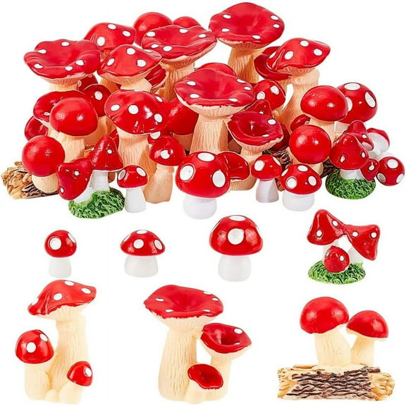 124 Pcs Mini Mushrooms Miniature Figurines Red Resin Mushroom Ornaments Tiny Mushrooms for Fairy Garden Accessories DIY Plant Bonsai Micro Landscape Display Home Party Desktop Ornaments Red
