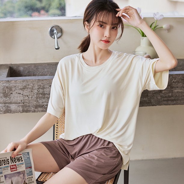 Ropa de dormir para mujer, pijamas sueltos de Modal, conjunto de dos piezas para mujer, pantalones cortos finos de manga corta para primavera y verano, traje con almohadilla para el pecho