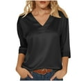 thumbnail image 7 of Nfurl 3/4 Length Sleeve Womens Satin Tops Dressy Casual V Neck Blouses Evening Cocktail Party Tops Ladies Business Casual Work Blouse Black L, 7 of 7