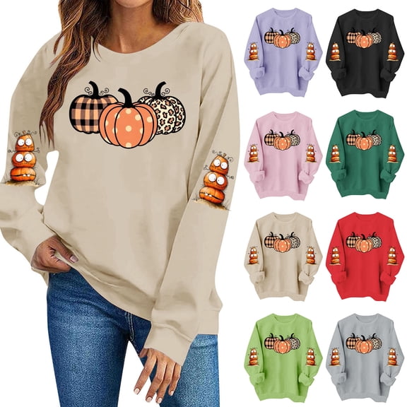 TKLPEHG Womans Thanksgiving Sweatshirts Plaid Polka Dots Pumpkin Graphic Sweatshirt Fall Fashion Crew Neck Holiday Tops Long Sleeve Casual Pullover (Gray,S)