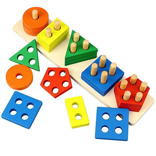 Style 1 Preschool Stacking Blocks Toddler Puzzles Toys for Boys and Girls ATDAWN Wooden Educational Toys Wooden Shape Color Sorting 
