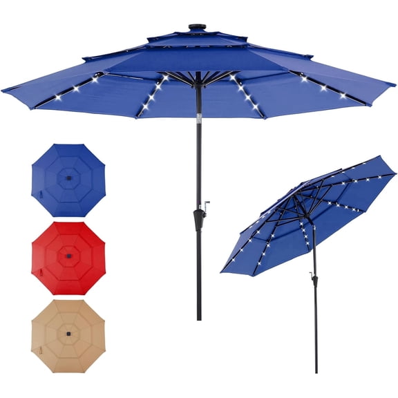 JIOABL 10FT Solar Patio Umbrella with 32 LED Lights, Tilt and Vent, 8 Ribs for Garden, Deck, Patio, Navy Blue