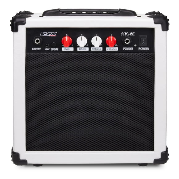 LyxPro Amplificateur de Guitare Électrique 20 Watts Intégré Haut-Parleur Casque Jack et Entrée Auxiliaire Comprend Gain Bass Treble Volume et Grind - Blanc