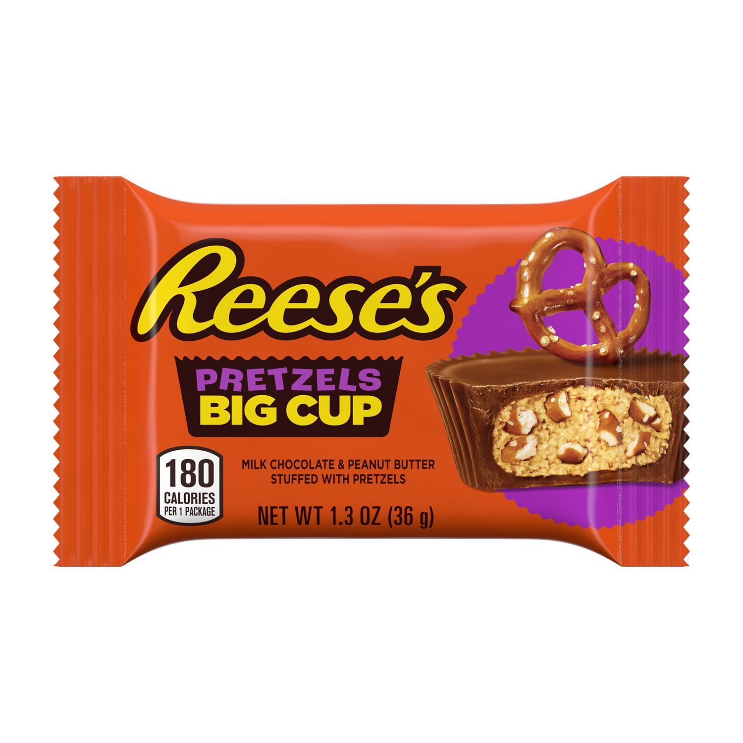 Reese's, Big Cup Milk Chocolate Peanut Butter Stuffed with Pretzels Cups Candy, Gluten Free, 1.3 oz, Pack