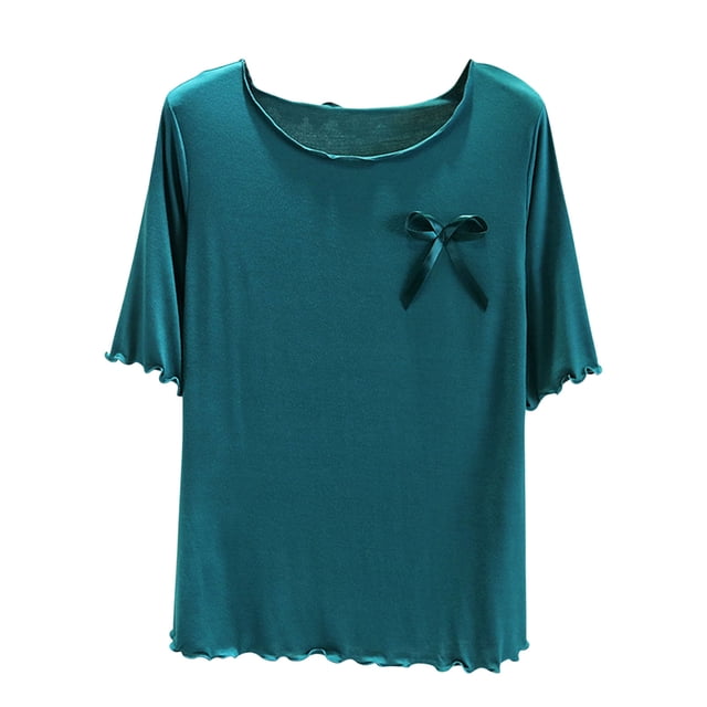 Camisas de Cuello de la Tripulación de Manga Corta para las Mujeres de Color Sólido Casual Delgado, Base de Casa Pijama Superior Poliéster