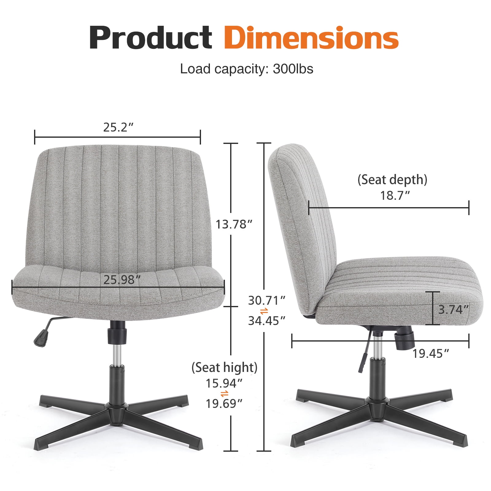MAYEERTY Armless Criss Cross Chair Office Chair Vanity Chair for Home Office，Gray