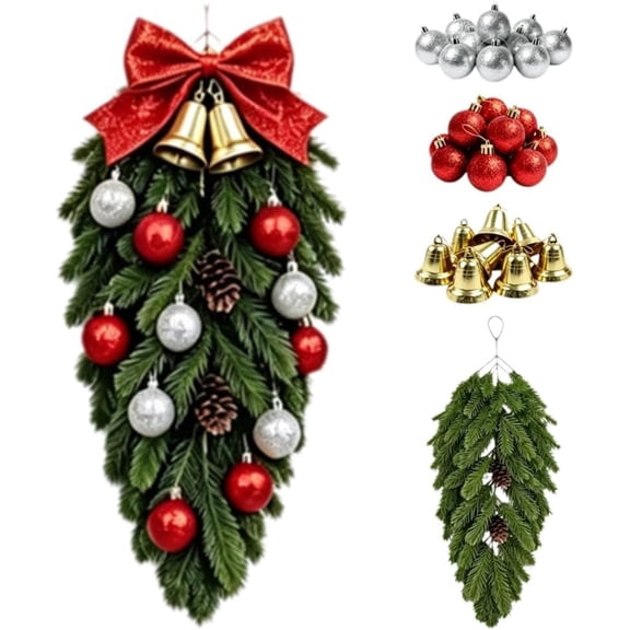 Christmas Swag Door Decoration with Pine Cones & Red Berries – Teardrop Wreath Hanging Decor for Indoor Use(Z)
