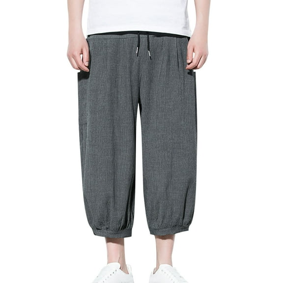 hotojiny Men's Linen Harem Pants Lightweight Loose Boho Yoga Trousers Big and Tall Drawstring Elastic Waist Beach Cropped Trousers