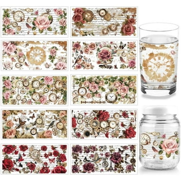 10 Sheets Vintage Flowers UV DTF Cup Wrap for 16OZ Glass, Pocket Watch Tower Birds Butterflies Rub on Decals PVC Transfer Stickers for DIY Cups Bottles Wood Funiture Garden Crafts