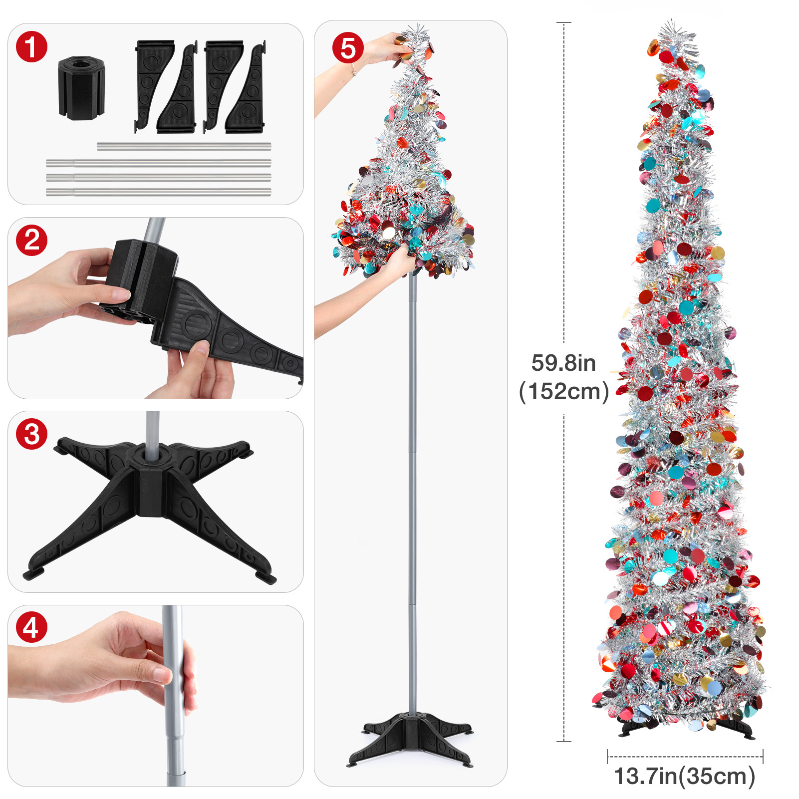 Ayieyill 5' Pop-Up Tinsel Christmas Tree, Silver Pencil photo 2