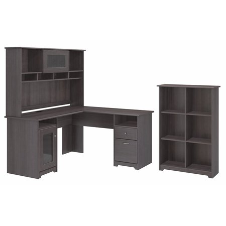 Cabot L Shaped Desk With Hutch And 6 Cube Organizer In Heather